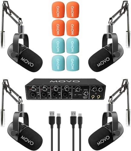 Movo Movo 4-Person Podcast Equipment Bundle β 4-Channel USB Audio Interface, 4 Cas...
